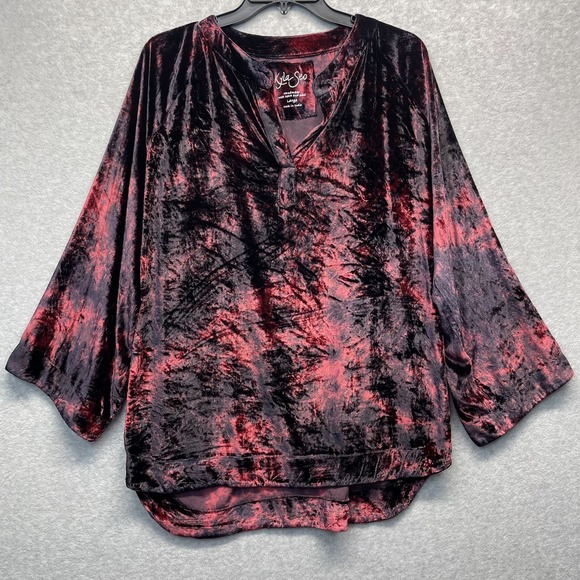 Kyla Seo Tops - Kyla Seo Silk Blend Velvet Top Womens Large Black Red Handmade V-Neck Pullover